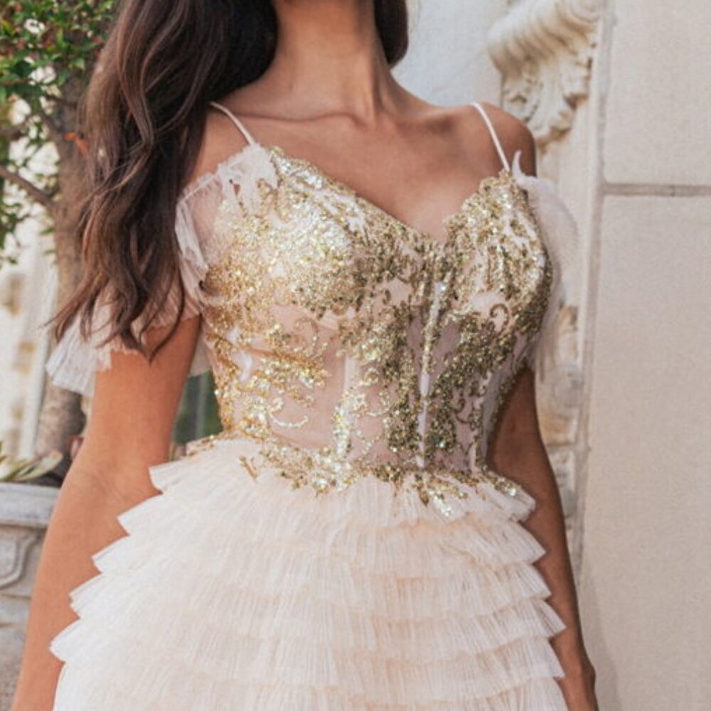 NEW FORMAL MINI SLEEVELESS A-LINE RUFFLED DRESS EMBROIDERED W/ SEQUINS GL GS3511 - Picture 9 of 10